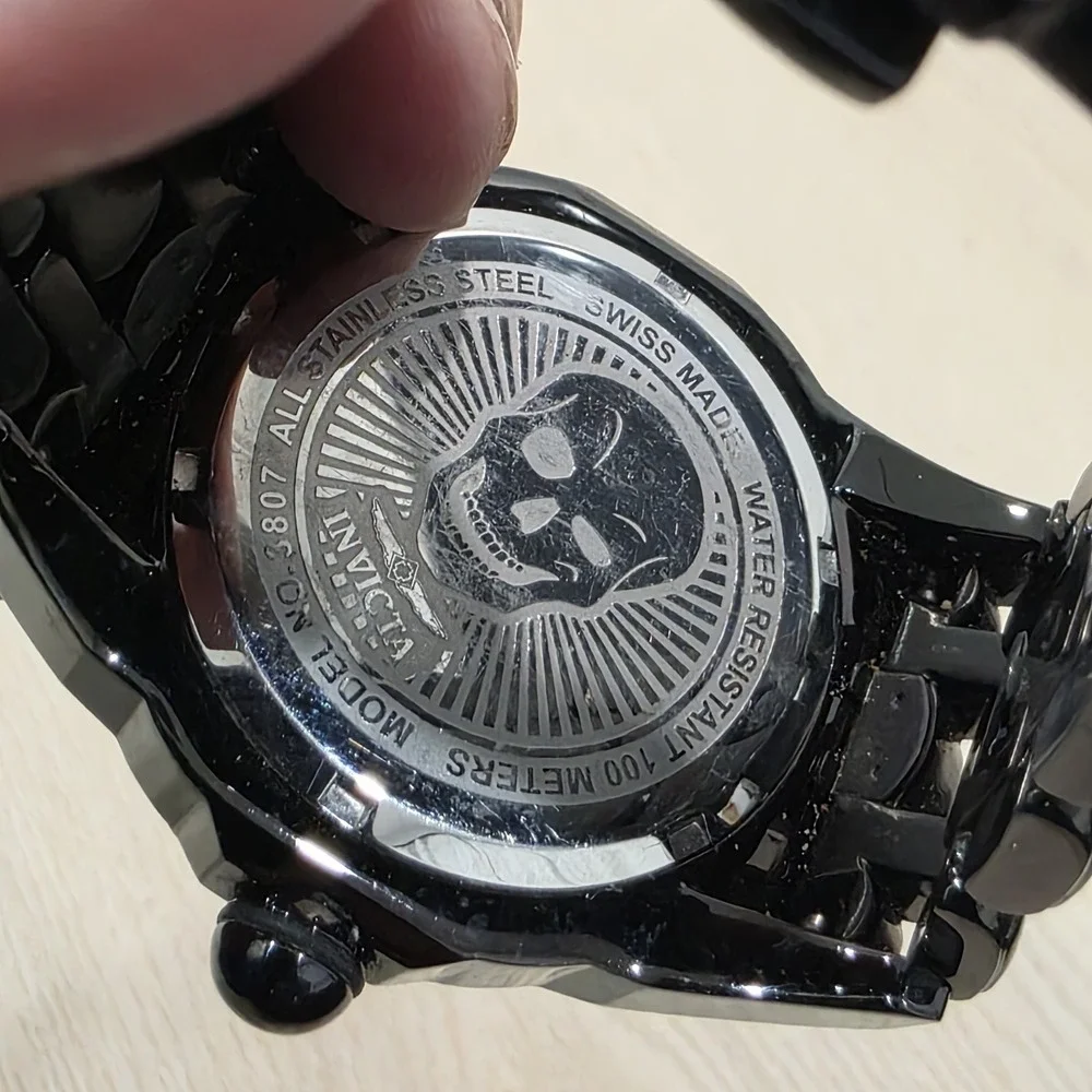 Rare Invicta Men's 44mm Swiss Made Quartz Skull Artist Black SS Watch AS IS